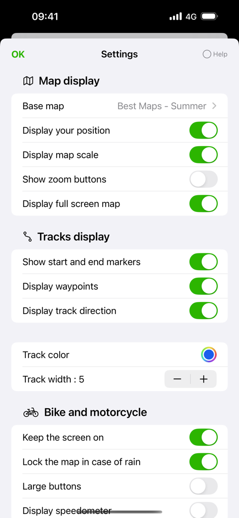 GPX viewer 2 - Menú de configuración de GPX viewer 2 con opciones de visualización de mapas y navegación para motocicletas.