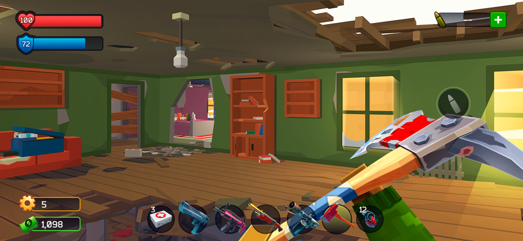 Pixel Combat: Zombie Games 3-D - First person perspective gameplay in Pixel Combat Zombie Games 3D showing a pixelated room and a pickaxe weapon