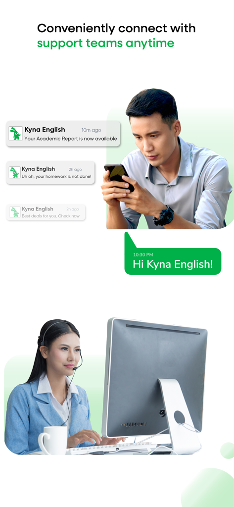 Kyna English - A man using the Kyna English app while a support representative is ready to assist on a computer