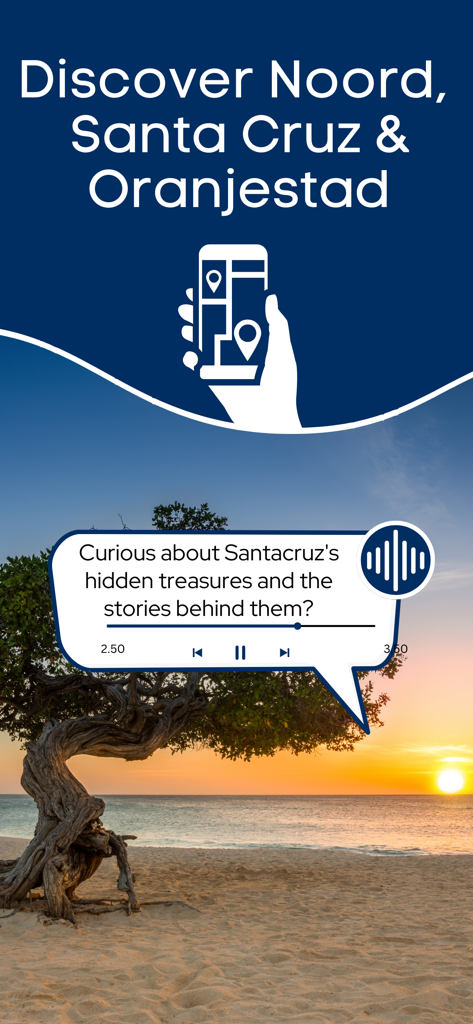 Aruba Self-Guided Island Tours - Aruba self-guided tour app screenshot featuring regions like Noord and Santa Cruz with an audio guide over a beach sunset background
