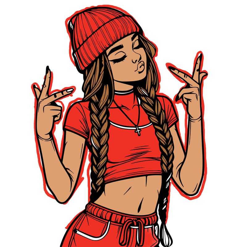 realistic teenage girl with braids and a beanie and crop top doing 🫶🏼