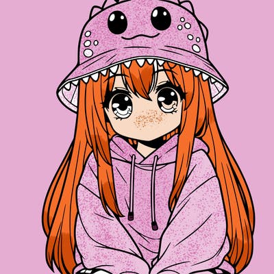 girl with anime shaped eyes with a dinosaur bucket hat oversized sweatshirt long straight hair