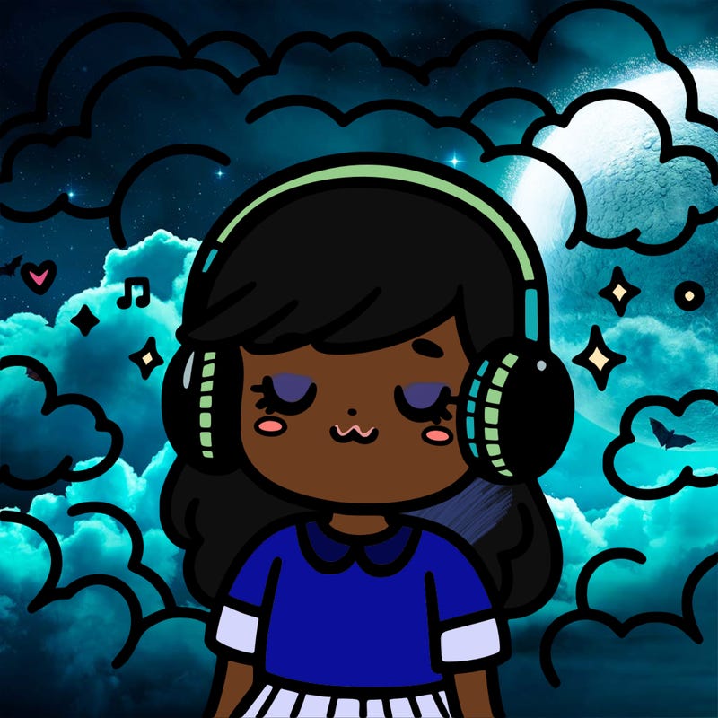 girl with headphones and clouds around her