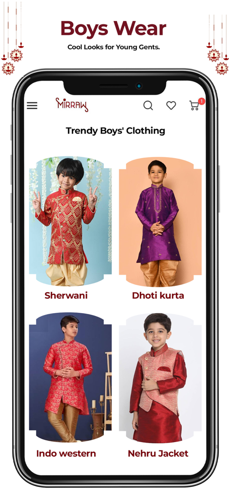 Mirraw app interface showing boys ethnic wear categories like Sherwani and Dhoti Kurta