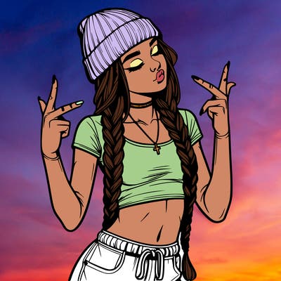 realistic teenage girl with braids and a beanie and crop top doing 🫶🏼