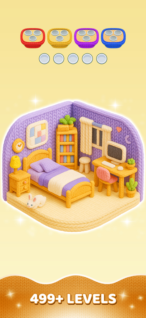 Yarn Sort 3D: Jam Puzzle - Una accogliente scena da camera da letto 3D realizzata con texture di filato colorato lavorato a maglia che mostra oltre 499 livelli