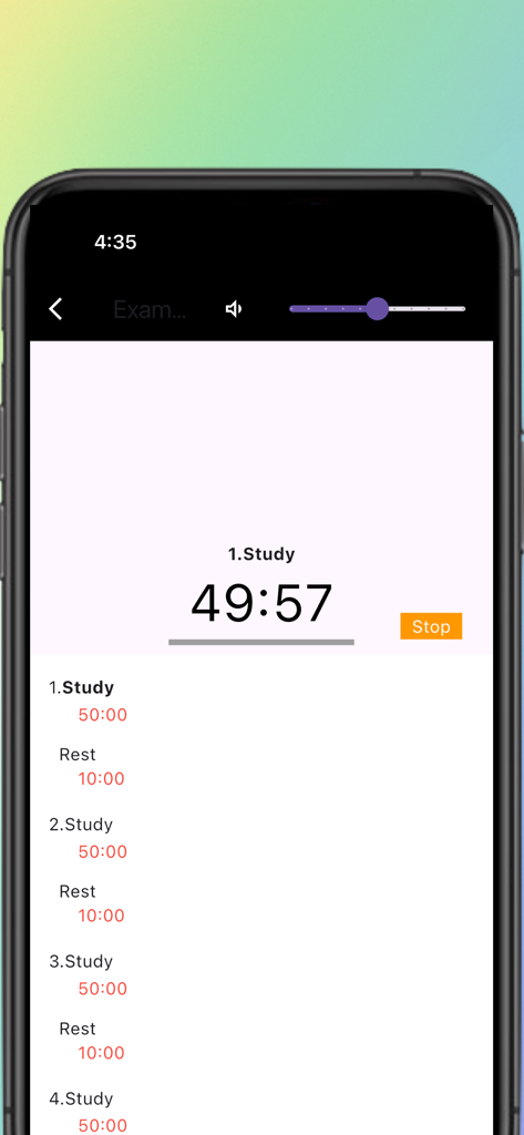 Interface of the Study Plan Maker app showing a countdown timer for a study session with a list of planned study and rest intervals