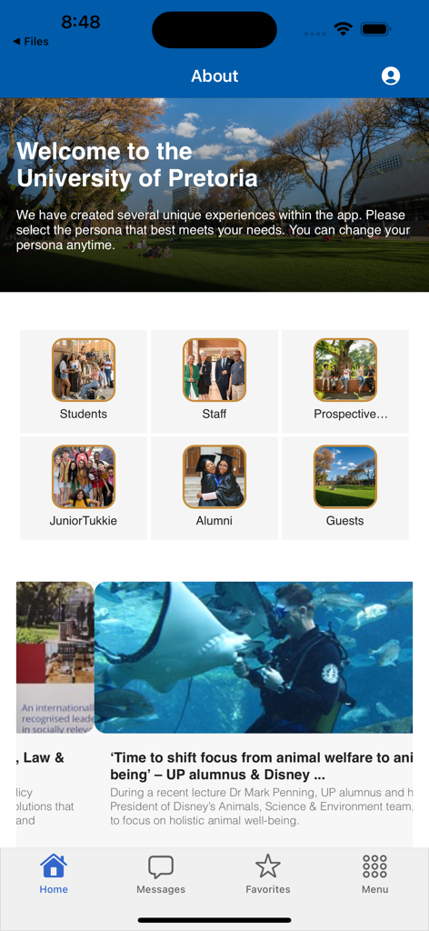 UP Mobile App - Schermata principale dell'app mobile UP con selezione della persona per studenti e personale e feed di notizie dell'università