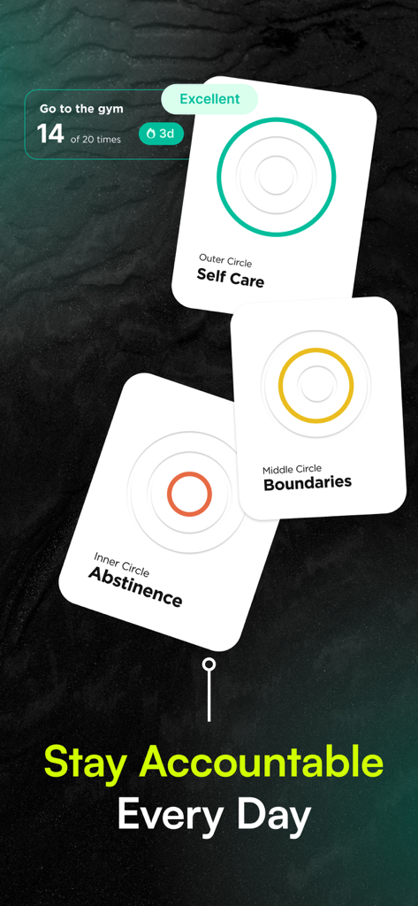 Relay app interface showing self care, boundaries, and abstinence recovery circles for daily accountability tracking.