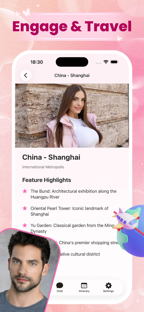 Funce - Funce app interface displaying a travel itinerary for Shanghai with local highlights and a pink aesthetic design