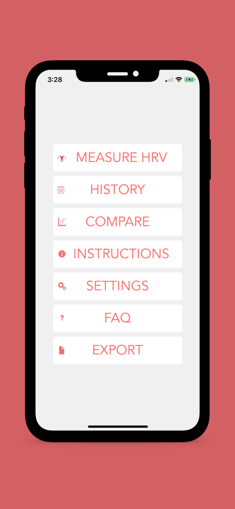 Main menu of the Camera Heart Rate Variability app showing options for measuring HRV history and data export