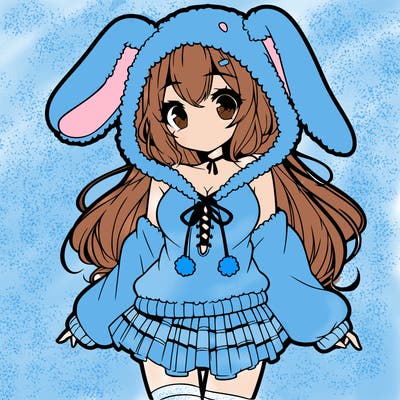 pretty anime girl wearing a fluffy hoodie with bunny ears on the hood and a skirt