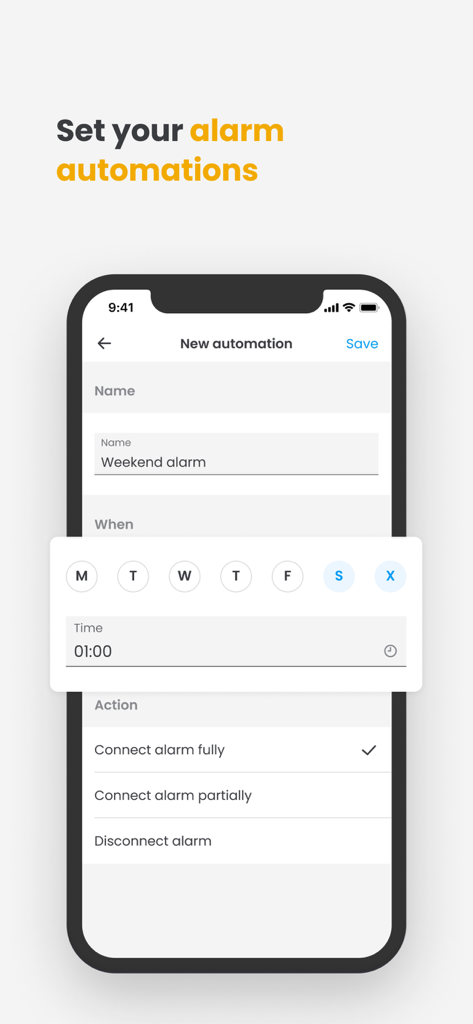맞춤형 알람 자동화를 설정하고 예약하기 위한 Prosegur SMART 앱 인터페이스를 보여주는 스마트폰 화면