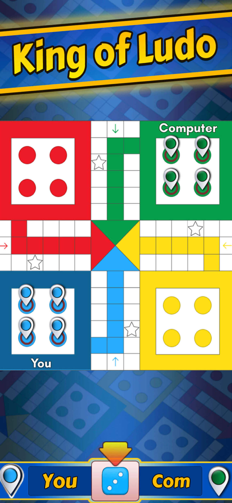 A digital ludo board from the Ludo King app showing a match between a player and the computer