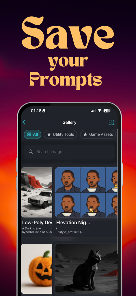 Interface do aplicativo Solihub mostrando uma galeria de prompts de IA salvos com pré-visualizações de imagem e categorias