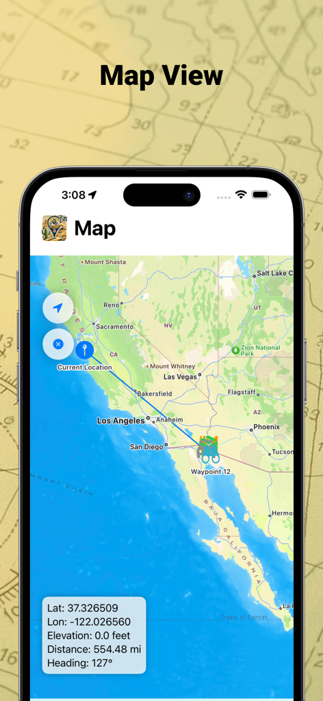 GPS Waypoint - MyGPSWaypoints - Map view of the GPS Waypoint app showing distance and coordinates to a waypoint