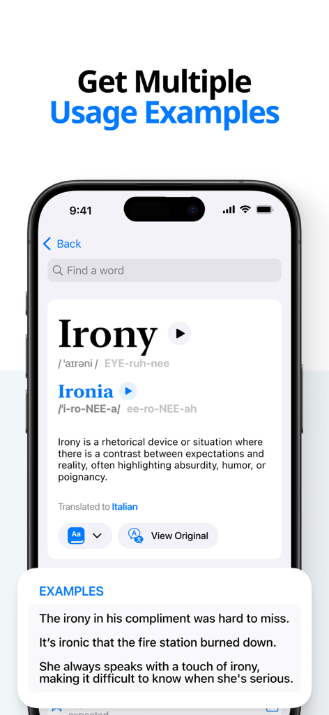 Interfaz de la aplicación Dictionary Air mostrando la definición y oraciones de ejemplo para la palabra irony