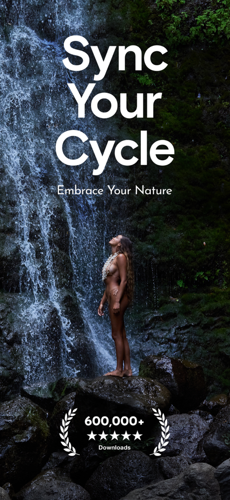 A woman standing in front of a waterfall with the text Sync Your Cycle and Embrace Your Nature including a badge for 600,000 plus downloads