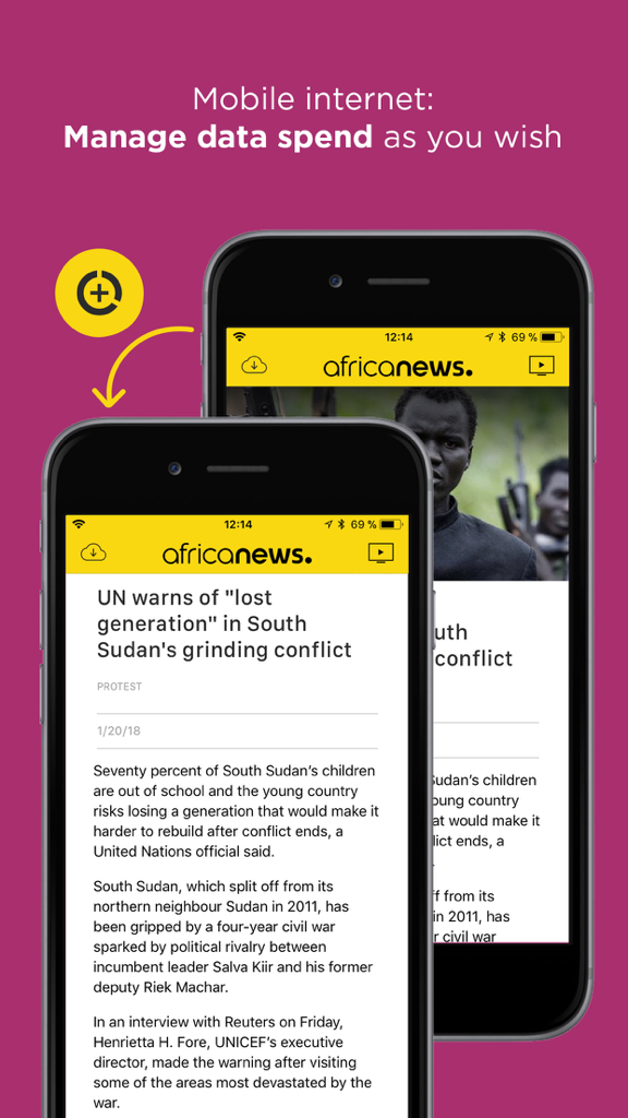 Benutzeroberfläche der Africanews App mit einem Artikel über Südsudan und Datenverwaltungsfunktionen für das Offline-Lesen.