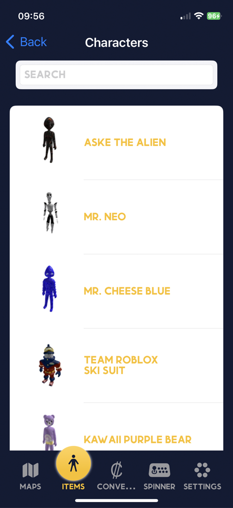 SkinBlox Master: Maps & Items - A list of various Roblox character skins including Aske the Alien and Mr. Neo displayed in the SkinBlox Master app