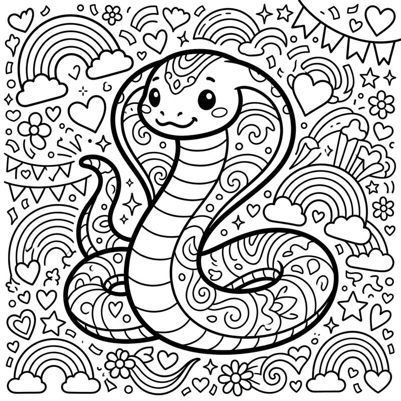 Embrace the spirit of Pride with this charming Kawaii Elapid snake coloring page, featuring a friendly cobra surrounded by delightful rainbows and hearts. It's the perfect way to add a splash of color and joy to your celebration.