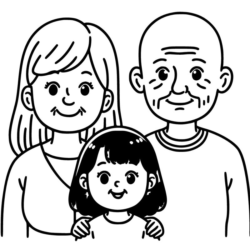 a 50 year old grandmother and a 50 year old bald-head smooth-faced hairless grandfather with their a 5 year old granddaughter