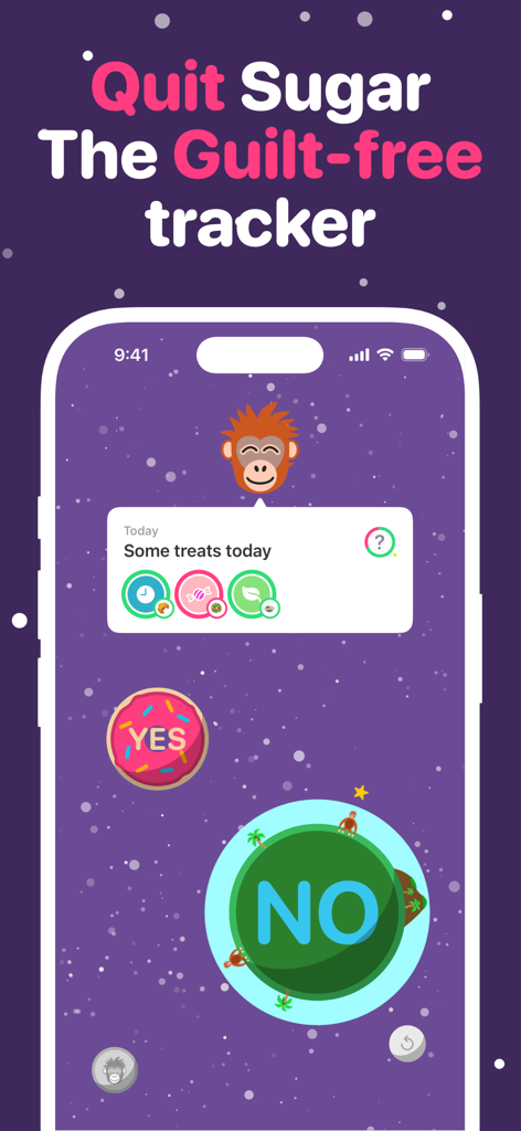 Quit Sugar: No Treat Today - Interfaz de la aplicación Quit Sugar que muestra un rastreador de hábitos sin culpa con una adorable mascota orangután y botones simples de sí o no para los caprichos diarios
