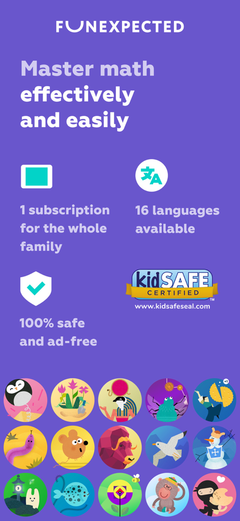 Infográfico educacional para Funexpected Math mostrando assinatura familiar, 16 opções de idioma e certificação kidSAFE