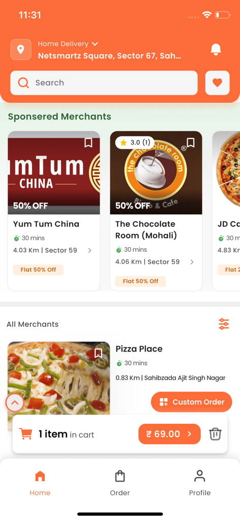 Fatafat - Local Delivery - Fatafat app home screen showing local food merchants delivery options and a custom order button