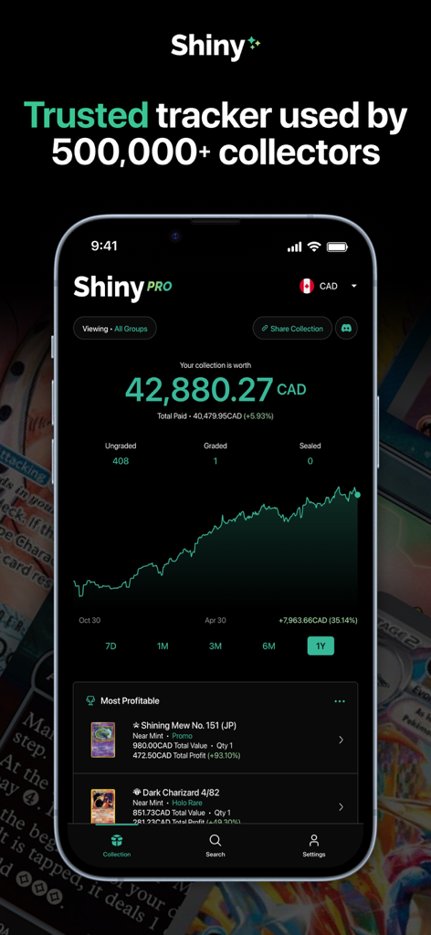 TCG Card Scanner - Shiny - Tela do portfólio do aplicativo Shiny mostrando o valor da coleção de TCG e o gráfico histórico de preços