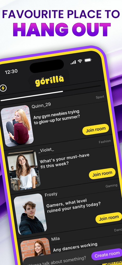 Gorilla Chat: Live Social - Gorilla Chat mobile app interface showing a feed of live social chat rooms based on interests like gaming and fashion.