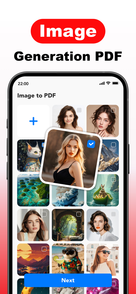 SVF PDF: OCR Scan Edit Reader - Mobile app interface showing a photo gallery and the process of converting selected images into a PDF document