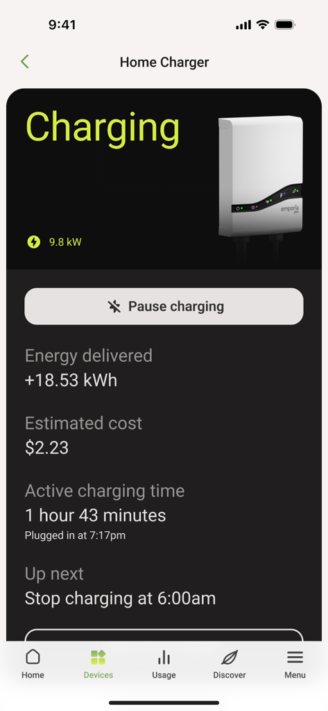 Emporia Energy - Emporia Energy app screen showing active EV charging status with energy delivered and estimated cost