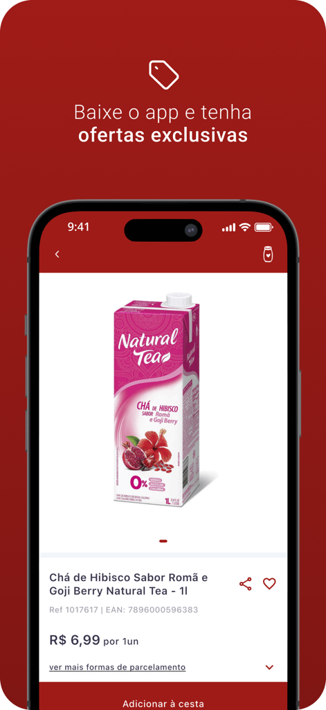 Casas Pedro - Screenshot dell'app Casas Pedro che mostra la pagina di un prodotto per il tè naturale al gusto di ibisco con prezzo e pulsante 'aggiungi al carrello'