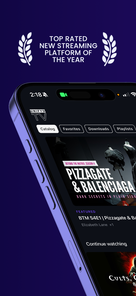 UNIFYD TV - UNIFYD TV streaming app displayed on a smartphone showcasing uncensored investigative documentaries and top rated platform award.