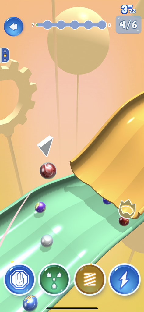 Gameplay of Marble Dream showing marbles racing on a 3D track with power-up icons