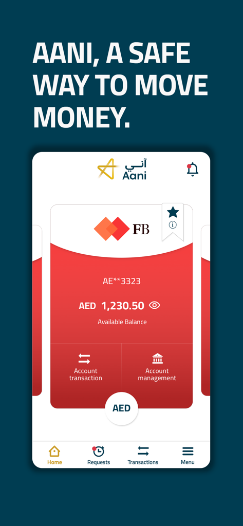 Aani mobile app interface showing account balance in AED and transaction options