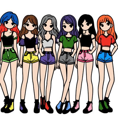 a group of girls wearing crop tops and shorts