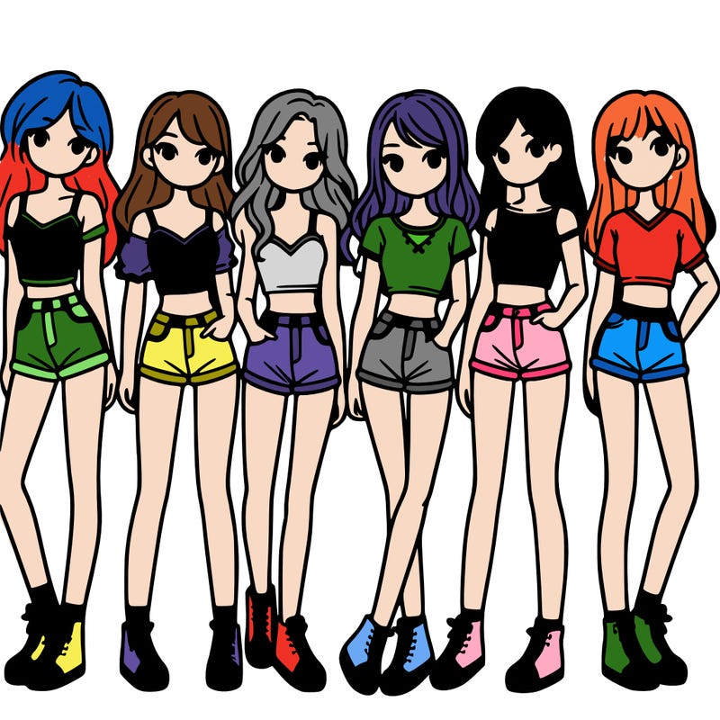 a group of girls wearing crop tops and shorts