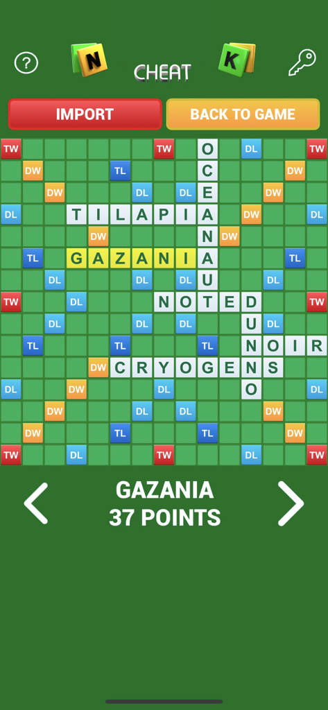 Um aplicativo solucionador de jogos de tabuleiro mostrando a palavra GAZANIA valendo 37 pontos em uma grade de tabuleiro de jogo