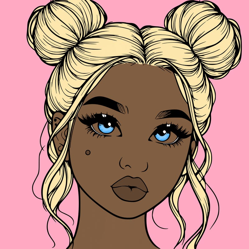 realistic girl with two buns on her hair and lips