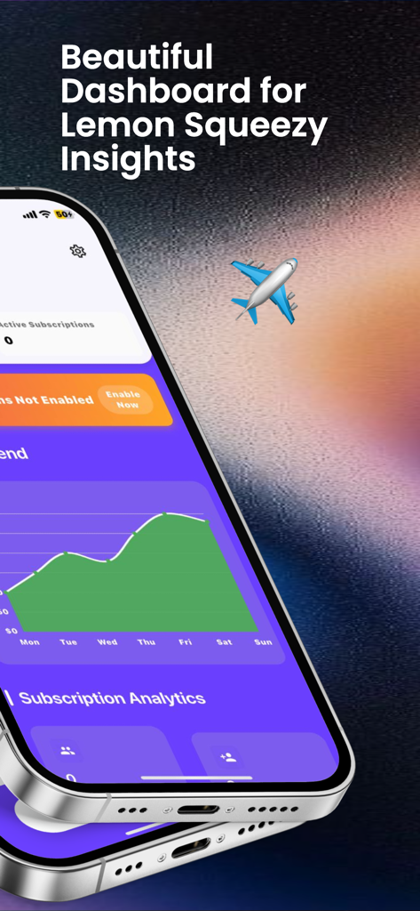 Tableau de bord de l'application Lemon Squeezy Manager avec des graphiques de ventes et des informations sur un iPhone