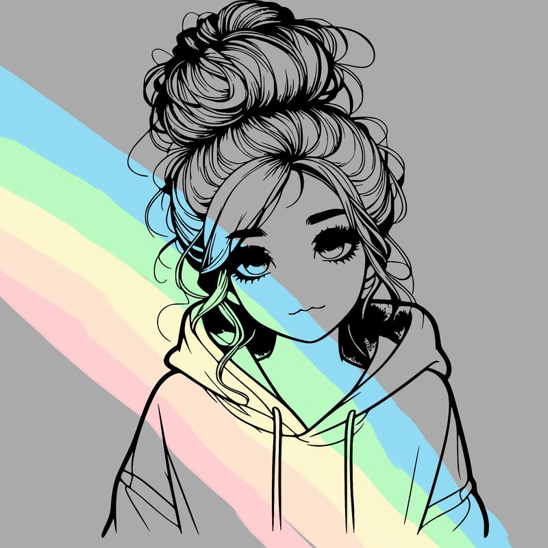 realistic girl with a massy bun and a hoodie