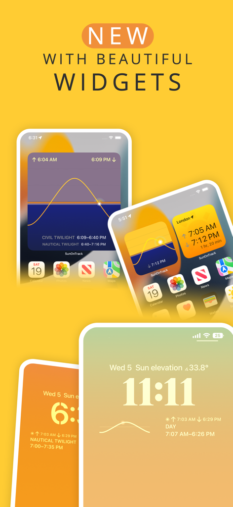 SunOnTrack app showcase featuring sun path and shadow tracking widgets on iPhone screens