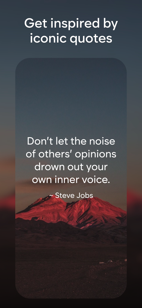 Aura - Daily Affirmations AI - Aura app screen showing an inspirational quote by Steve Jobs against a sunset mountain backdrop