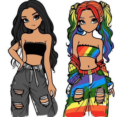 2 girls in crop tops and baggy jeans ripped
