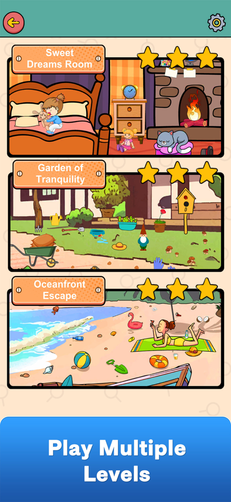 Una selección de coloridos niveles de juego de objetos ocultos que incluyen un dormitorio, un jardín y una escena de playa con calificaciones de tres estrellas.