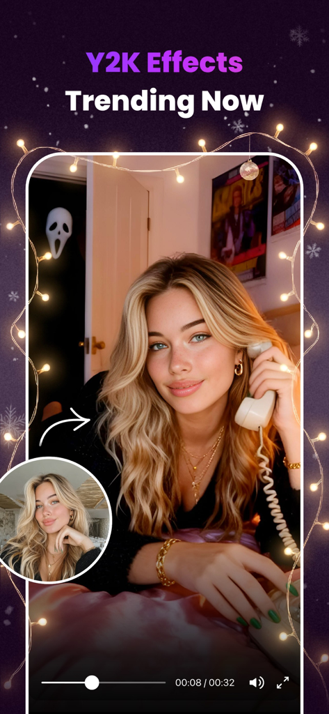 Clipfly - AI Video Generator - AI video generation showing trending Y2K effects on a woman with a vintage phone