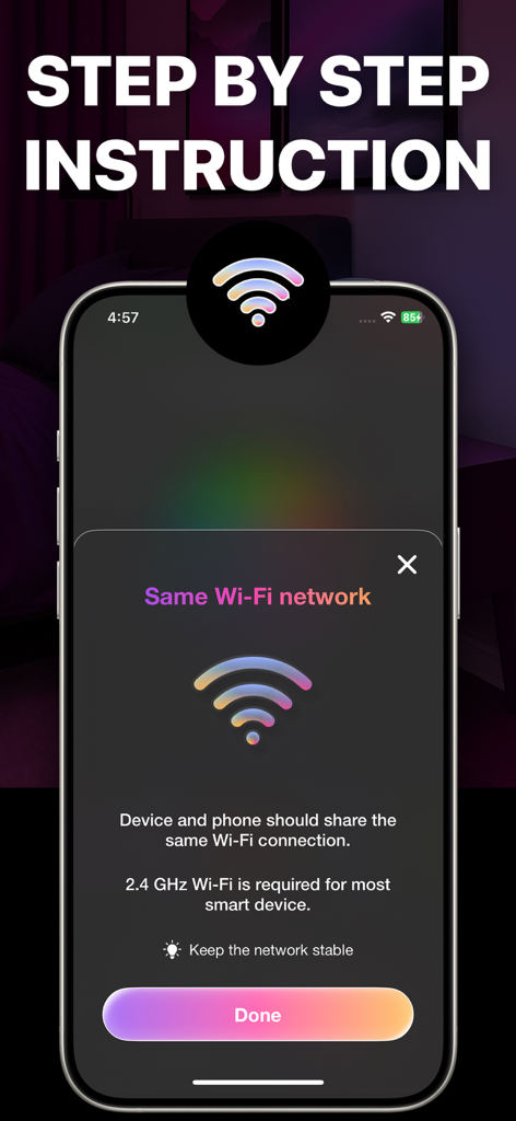 Step-by-step Wi-Fi setup instructions for the LedAI app