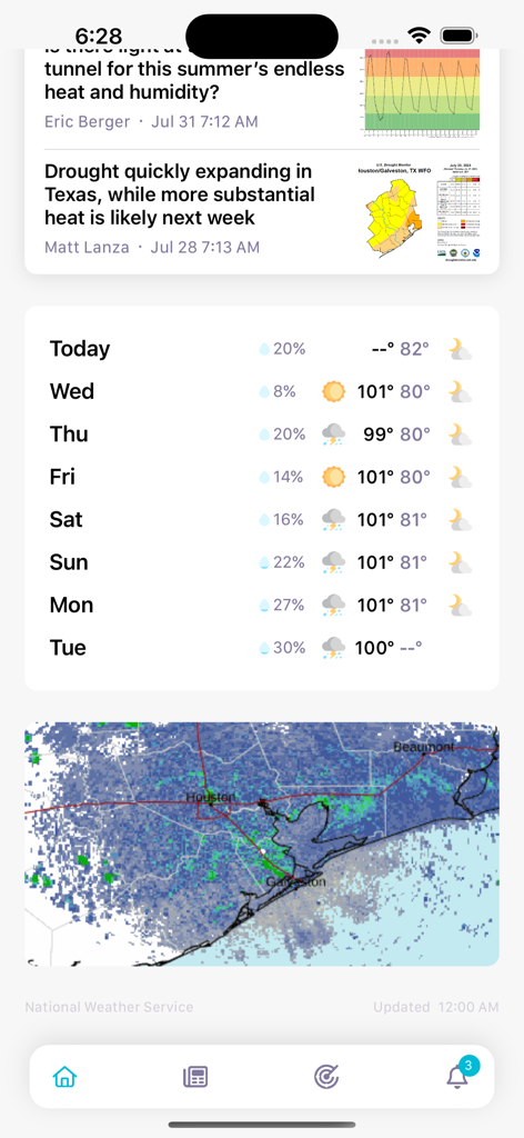 Interfaccia dell'app Space City Weather che mostra articoli del blog di Houston, previsioni a 7 giorni e mappa radar locale